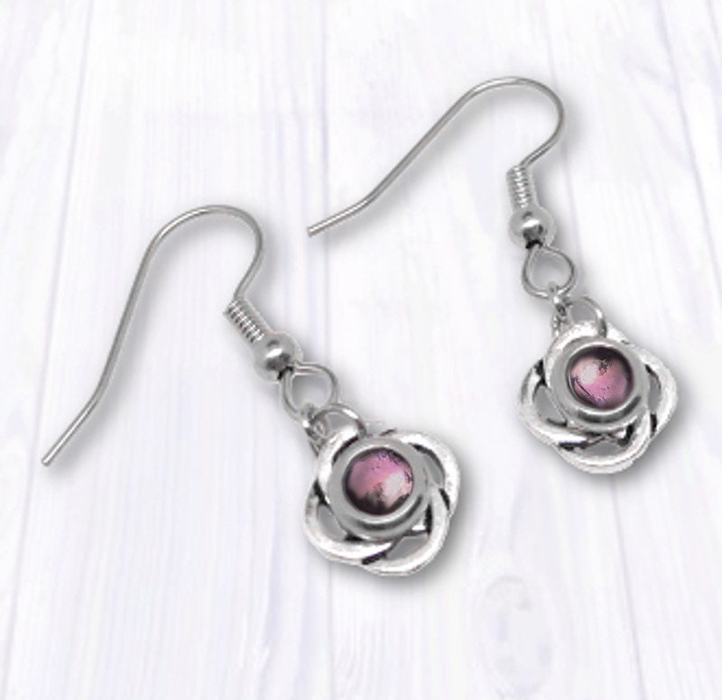 Silver Celtic Earrings As Seen on Jane the Virgin, Resin Jewelry, Light Pink Drop Earrings, Customizable Color, Great for Sensitive Ears
