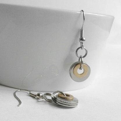 Simple Round Steel Earrings, Circle Jewelry, Mixed Metal Earrings, Brass and Silver, Stainless Steel, Industrial Jewelry, Steampunk