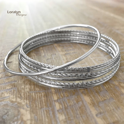 Thin Stainless Steel Bangle Bracelet Set, Twisted Silver Bracelets, Stacking Bangles Set Women, Gift for Sister, Metal, Gift Set for Friend