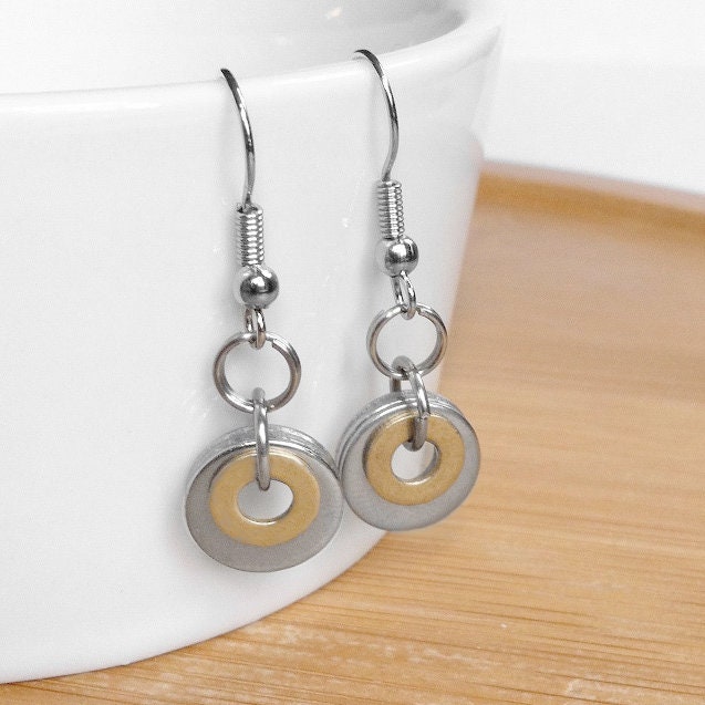 Simple Round Steel Earrings, Circle Jewelry, Mixed Metal Earrings, Brass and Silver, Stainless Steel, Industrial Jewelry, Steampunk