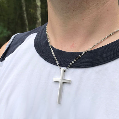 Simple Large Cross Necklace for Men, Stainless Steel Jewelry, Religious Gifts, Confirmation Gift, Plain Man Silver Cross