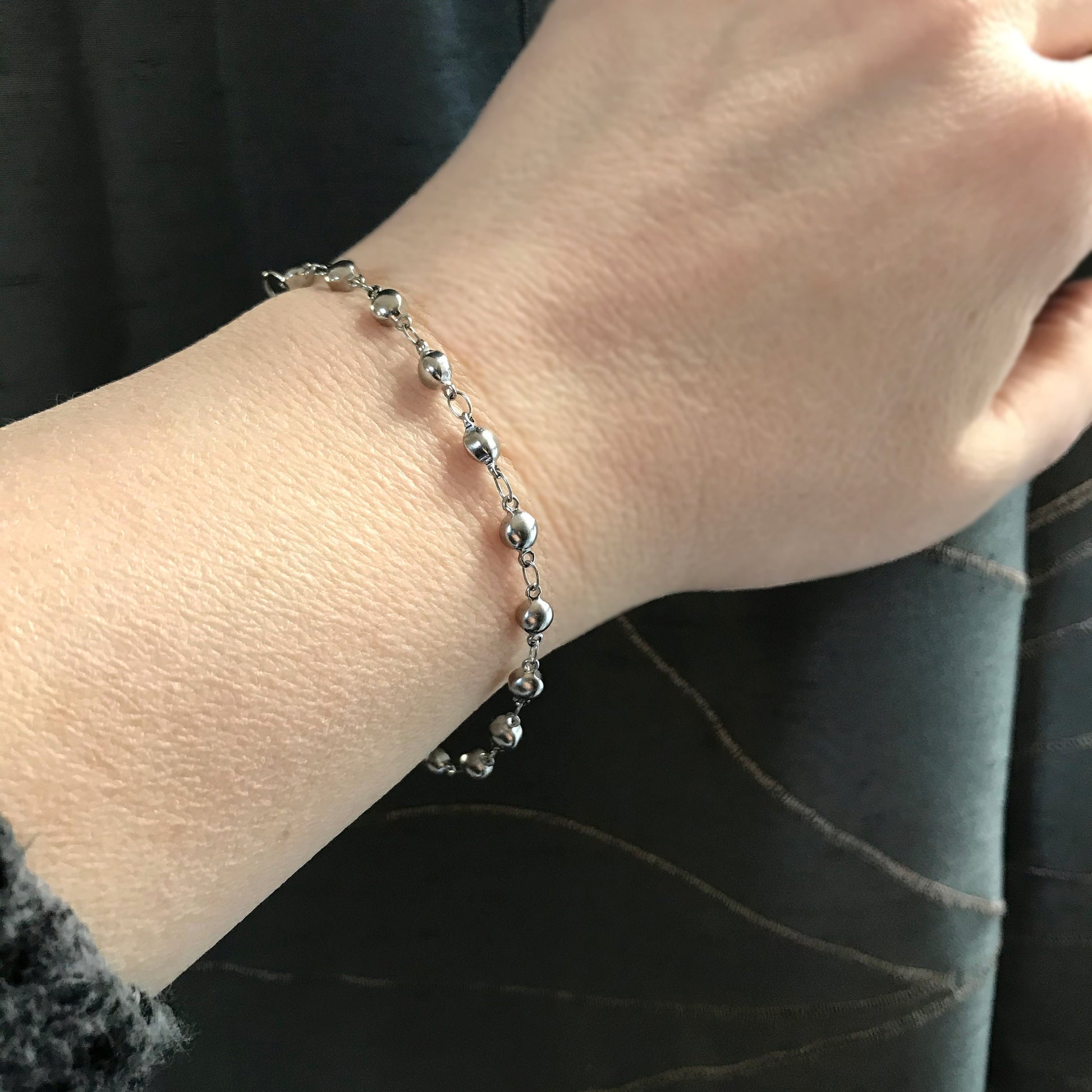 Bead Chain Bracelet, Stainless Steel, Non Tarnish Jewelry, Silver Tone, Adjustable, Layering Bracelet, Sweet 16 Gift, Beaded