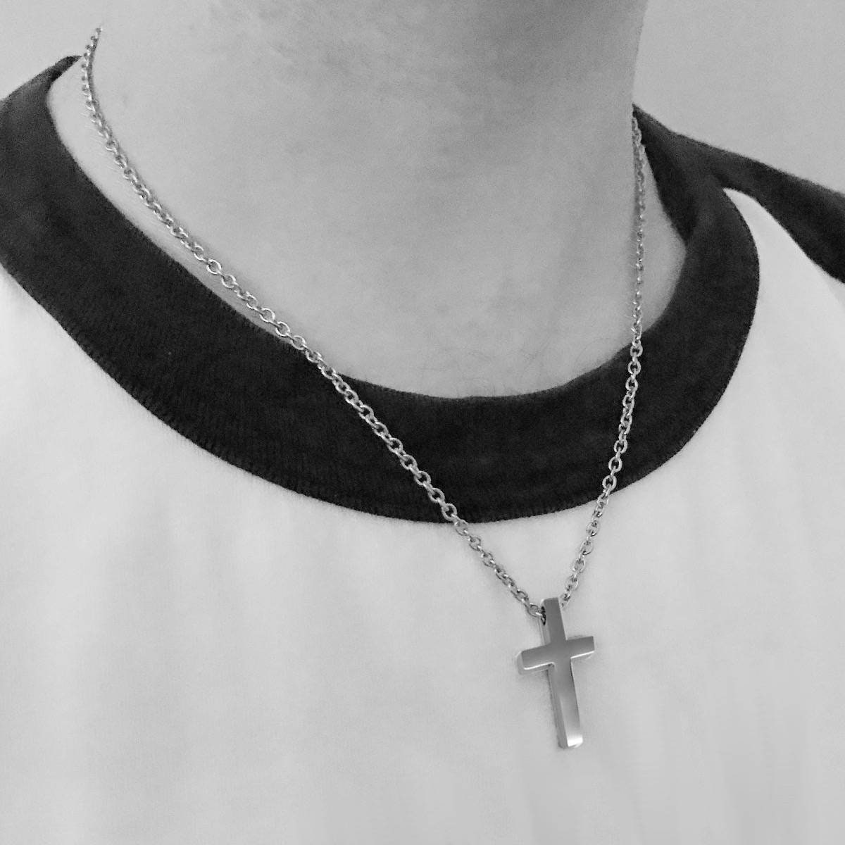 Simple Small Cross Necklace for Men, Stainless Steel Jewelry, Religious Pendant, Christian Jewelry, Adult Baptism Gift