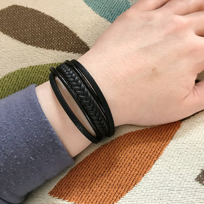 Layered leather bracelets, Black Leather bracelet for women, mens jewelry, magnetic clasp bracelet, gifts for boyfriend, jewelry for work