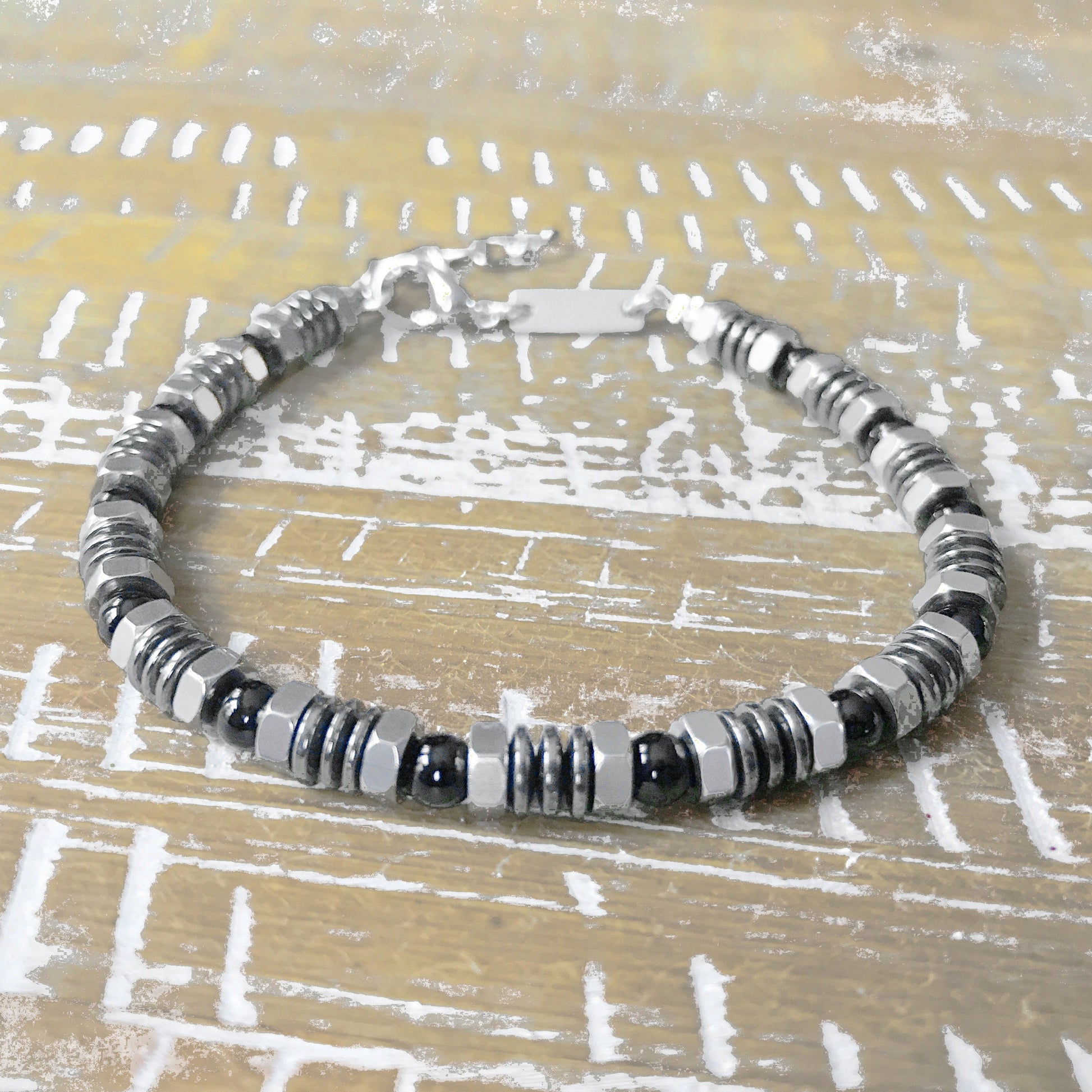 Industrial Bracelet Men, Hematite Jewelry Women, Stainless Steel Bead, Non Tarnish Bracelet, Engineer Gifts