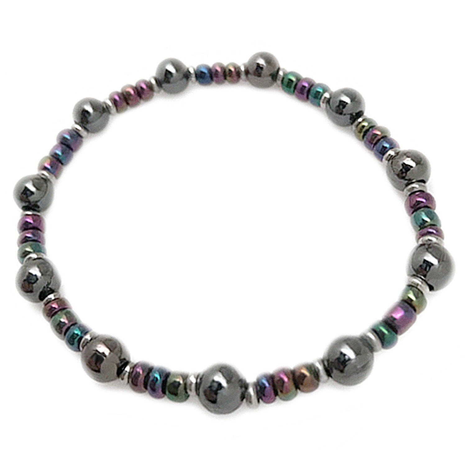 Rainbow Hematite Stone Bead Mala Stretch Bracelet, Titanium Aura Coati –  Well Done Goods, by Cyberoptix