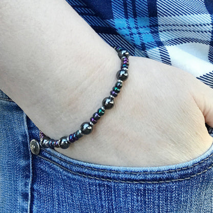 Rainbow Hematite Bracelet, Natural Stone, Edgy Jewelry, Rocker Chic, Elastic Beaded Stretch Bracelet, Gift for Girlfriend