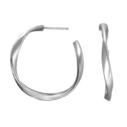 Twisted Metal Hoop Earrings, Stainless Steel Stud, Satin Finish, Medium Size, Mobius Design, Twist Earrings, Gift for Her