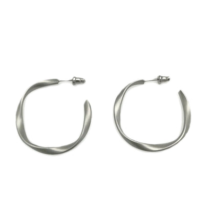 Twisted Metal Hoop Earrings, Stainless Steel Stud, Satin Finish, Medium Size, Mobius Design, Twist Earrings, Gift for Her