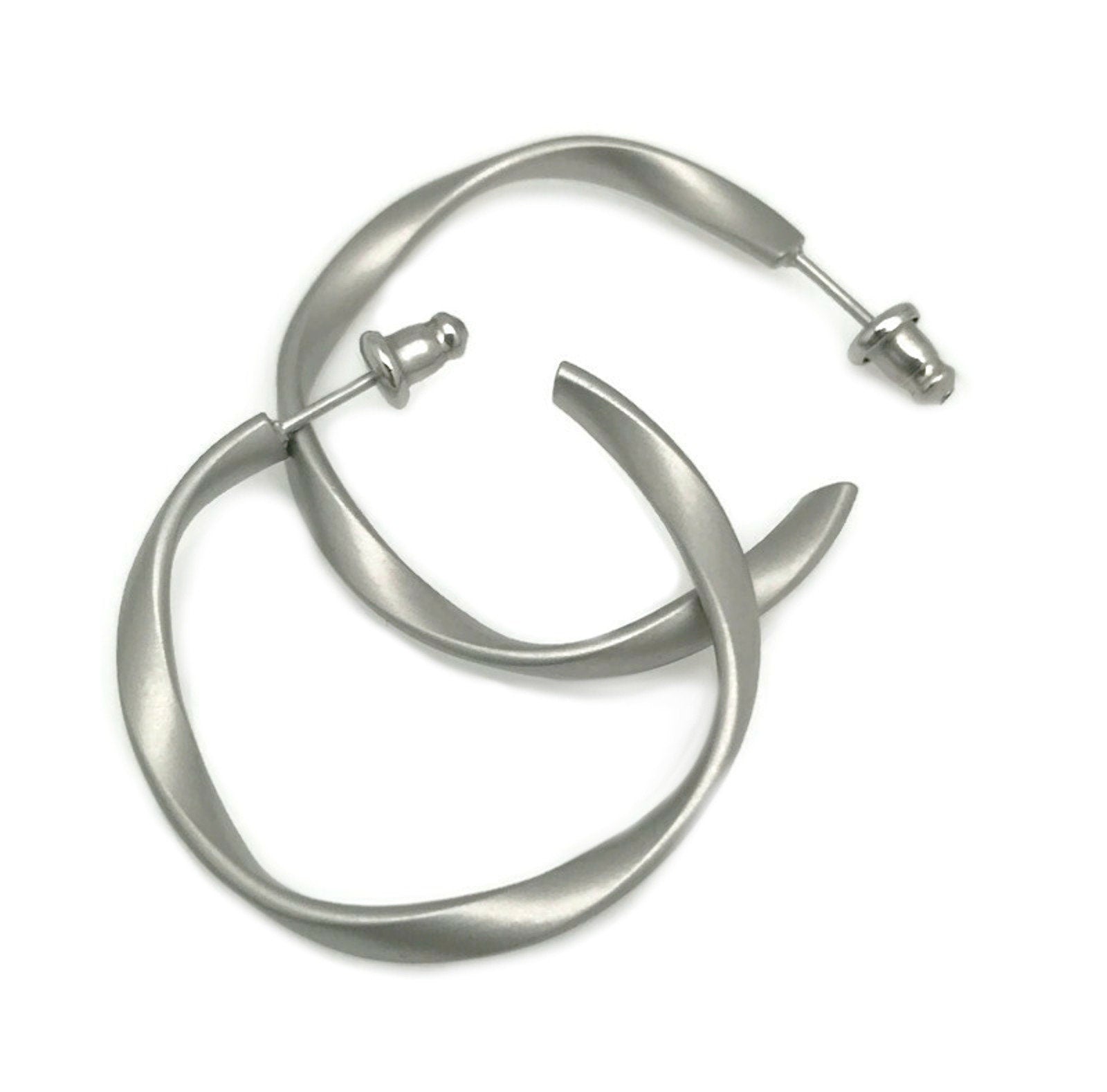 Twisted Metal Hoop Earrings, Stainless Steel Stud, Satin Finish, Medium Size, Mobius Design, Twist Earrings, Gift for Her
