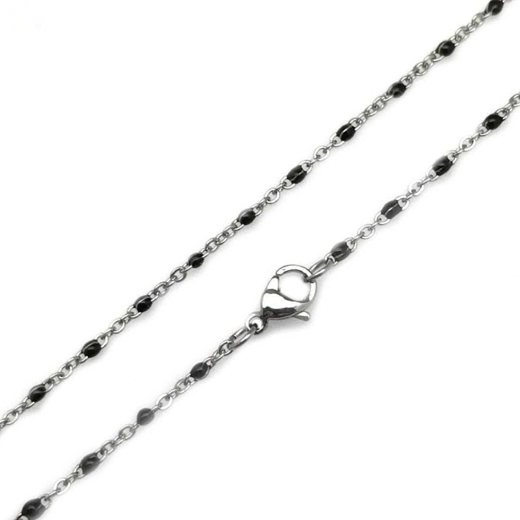 Thin Silver and Black Stainless Steel Necklace Chain, 1.5mm, Resin Beads, Layering Chain, No Tarnish Jewelry, Gift for Her