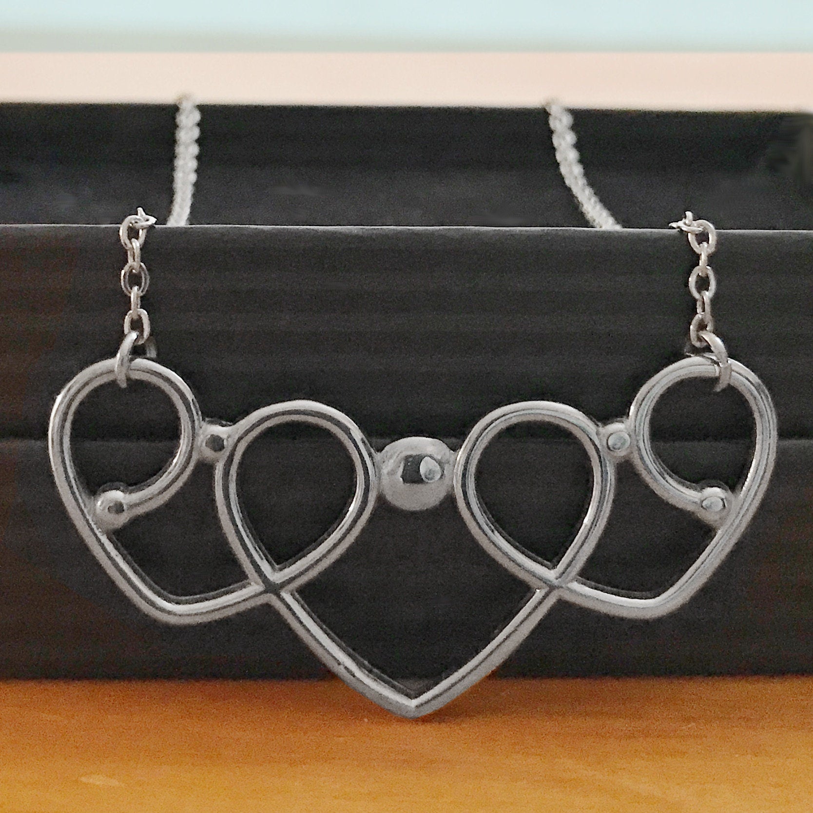 3 Heart Necklace, Triple Wire Heart Pendant, Romantic Gift for Girlfriend, Sweet 16, Present for Wife, Stainless Steel Jewelry