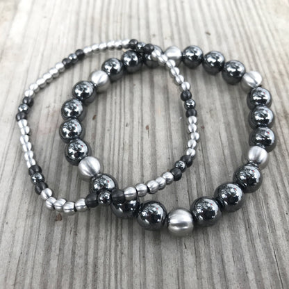 Black Elastic Beaded Stretch Bracelet Set for Women, Silver Bead Stretch Bracelets, Rocker Chick, Gifts for Her, Metal