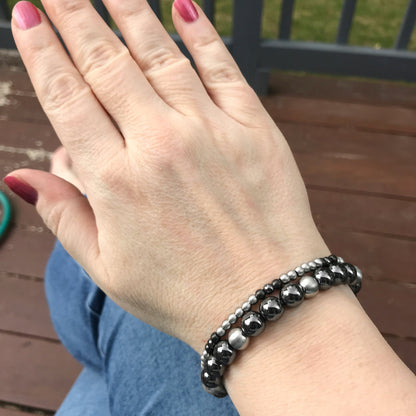 Black Elastic Beaded Stretch Bracelet Set for Women, Silver Bead Stretch Bracelets, Rocker Chick, Gifts for Her, Metal