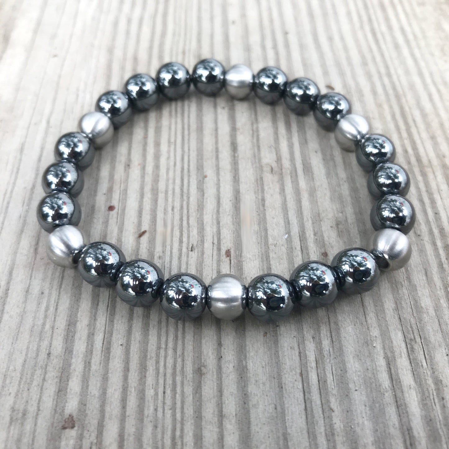 8mm Bead Bracelet, Stretchy Bracelets for Women, Stainless Steel Jewelry, Large Metal Bead Bracelet, Silver and Black