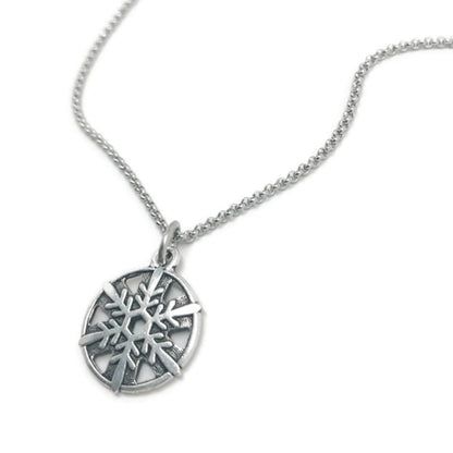 Small Antique Silver Snowflake Charm Necklace, Winter Gifts for Women, Round Pendant, Stainless Steel Necklace Chain