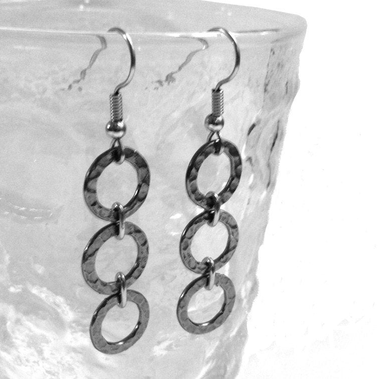Hammered Circle Earrings, Stainless Steel Jewelry, French Hook Earrings, Dark Grey, Jewelry for Sensitive Skin, Gift for Girlfriend