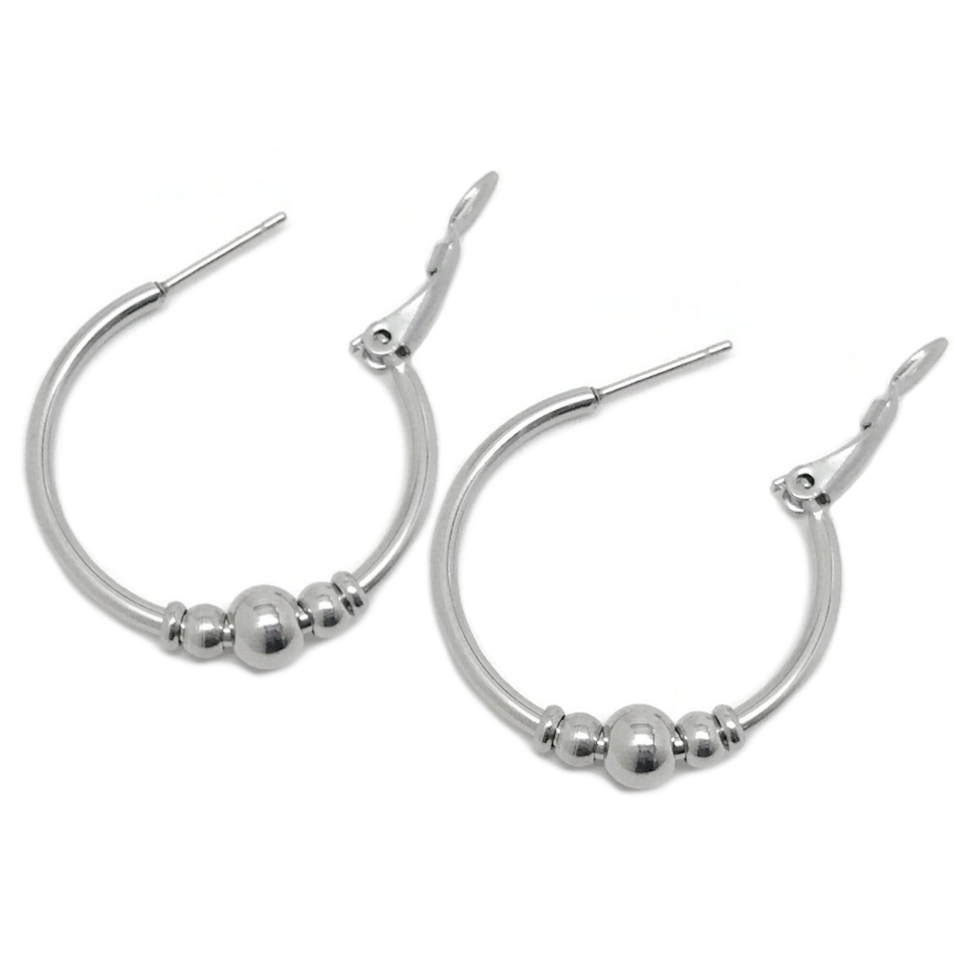 Beaded Hoop Earrings Medium, Stainless Steel Jewelry for Women, Silver Graduated Bead Earrings, Gift for Girlfriend