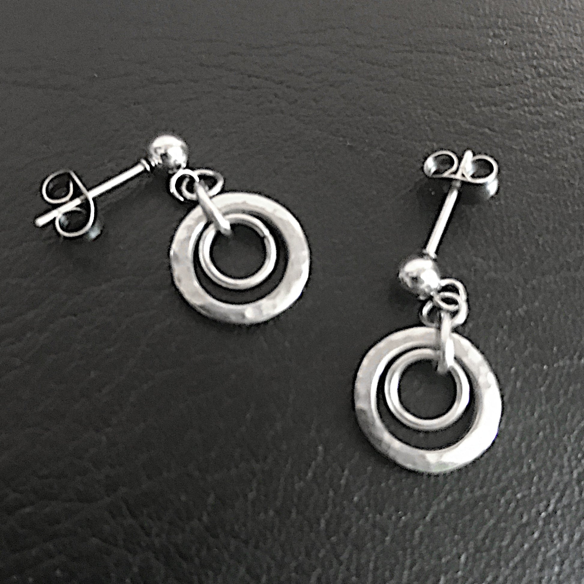 Small Silver Hammered Circle Earrings, Textured Dangle Post Earrings, Stainless Steel Stud Earrings, Sensitive Ears, Everyday Jewelry