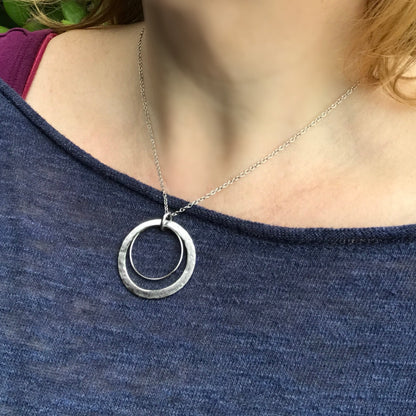 Silver Hammered Circle Necklace, 2 Two Circle Necklace, Gift for Sister, Non Tarnish, Stainless Steel Jewelry for Women, Round Pendant