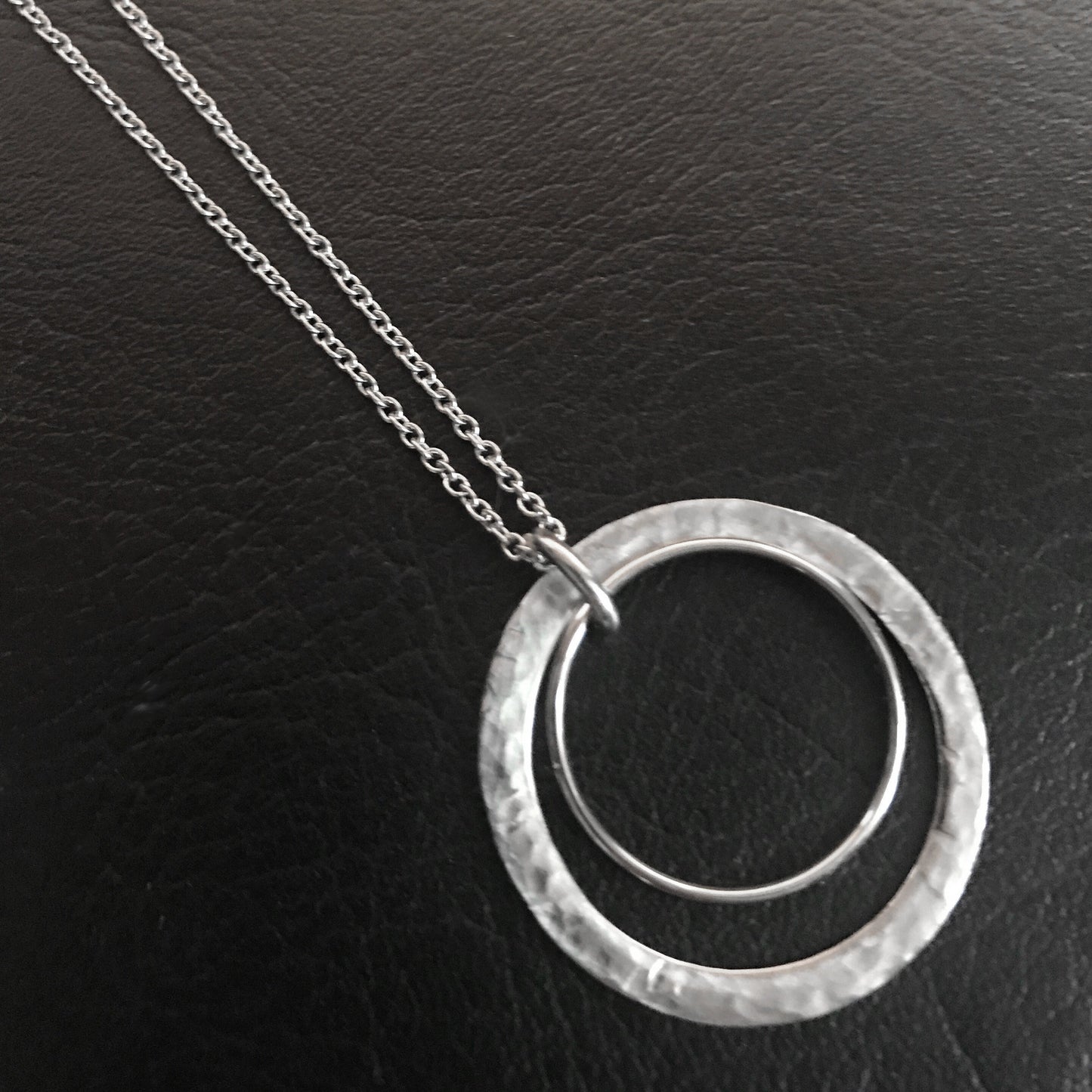 Silver Hammered Circle Necklace, 2 Two Circle Necklace, Gift for Sister, Non Tarnish, Stainless Steel Jewelry for Women, Round Pendant