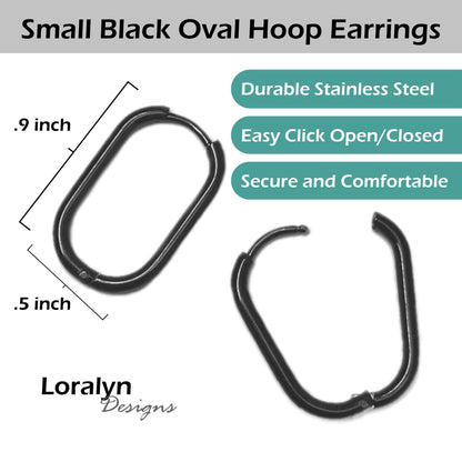 Small Black Hinged Huggie Earring, Stainless Steel Chain Link Hoop Earrings, Mini Oval Hoops, Rectangular Hoops, Minimalist Jewelry Unisex