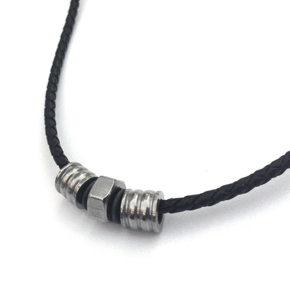 Mens Tribal Necklace, Black Leather Cord, Stainless Steel Jewelry, Gifts for Him, industrial Jewelry, 16 -24 Inch Lengths Available