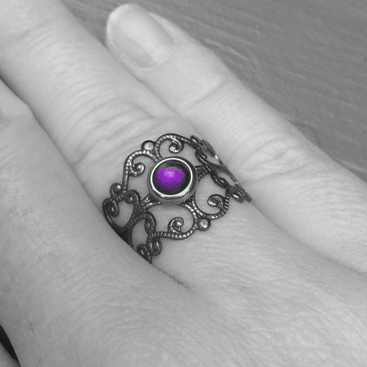 Etherial Jewelry, Adjustable Filigree Ring, Resin Center, Purple Womens Gothic Design, Ornate Scrollwork, Metal Cutout
