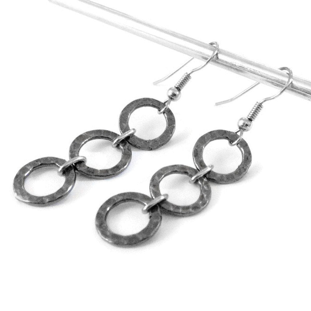 Hammered Circle Earrings, Stainless Steel Jewelry, French Hook Earrings, Dark Grey, Jewelry for Sensitive Skin, Gift for Girlfriend