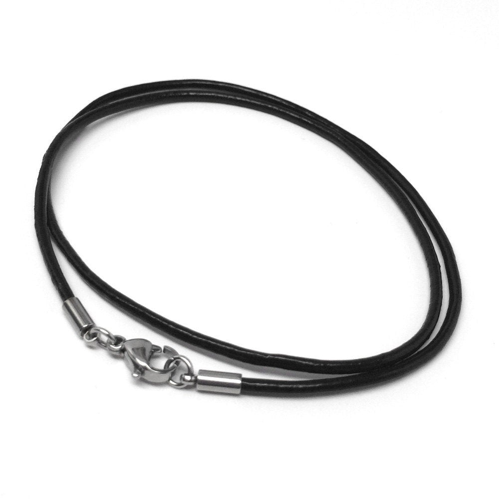 Black Leather Cord Necklace (14 - 30 Inch), 2mm, Stainless Steel Clasp, Plain Necklace Chain, Choker